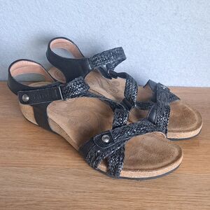 TAOS Trulie Women 40 9 9.5 Black Leather Strappy Slingback Wedge Sandals Woven